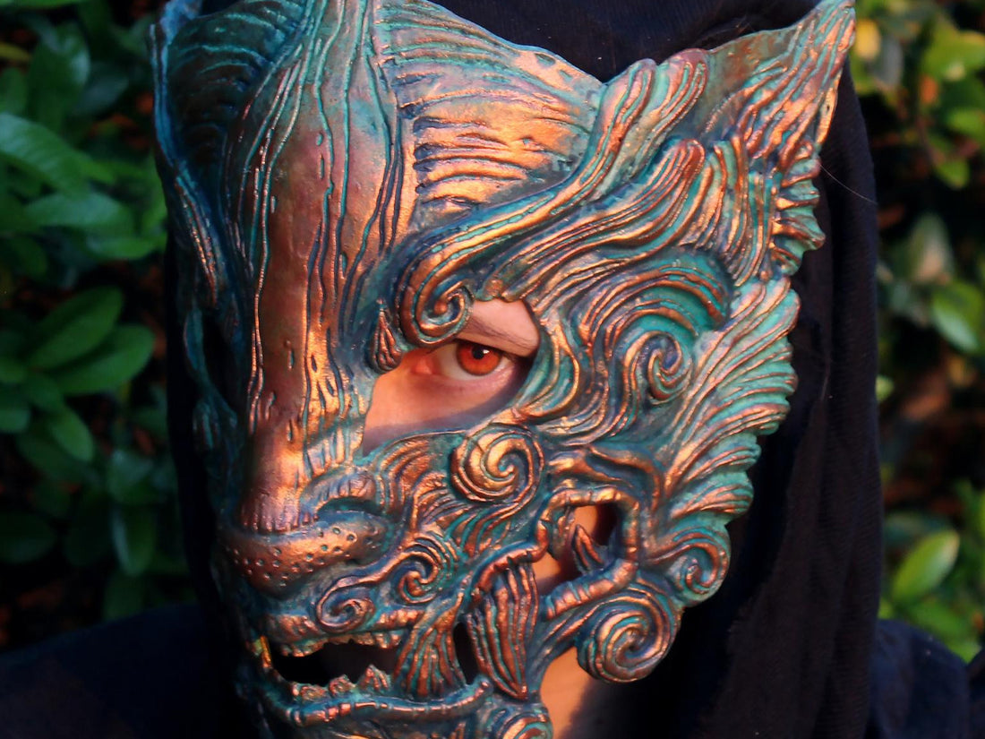 Oni resin mask in bronze and copper green