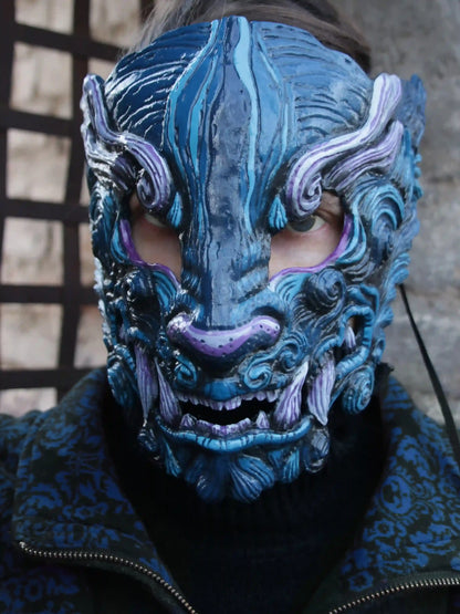 Front view of Blue Oni Resin Mask, with blue and light purple details