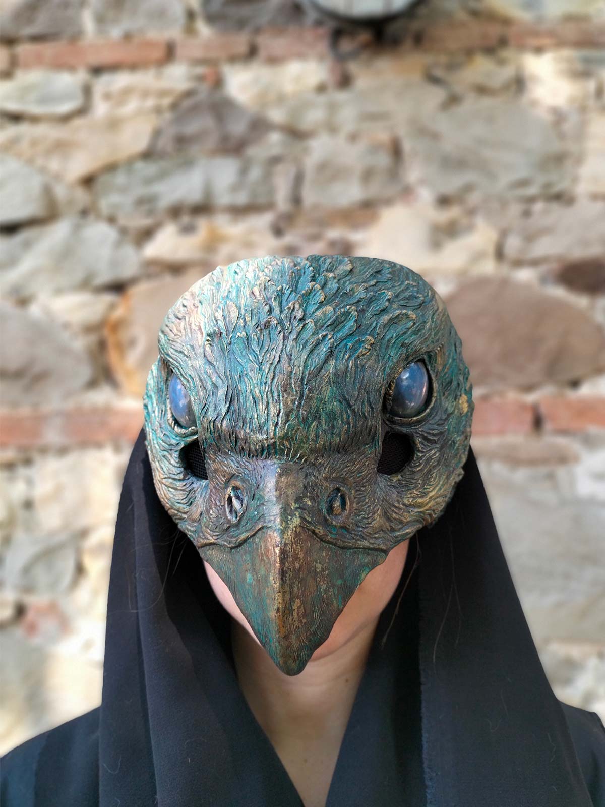 Oxidized Hawk Mask front view with details on the eye