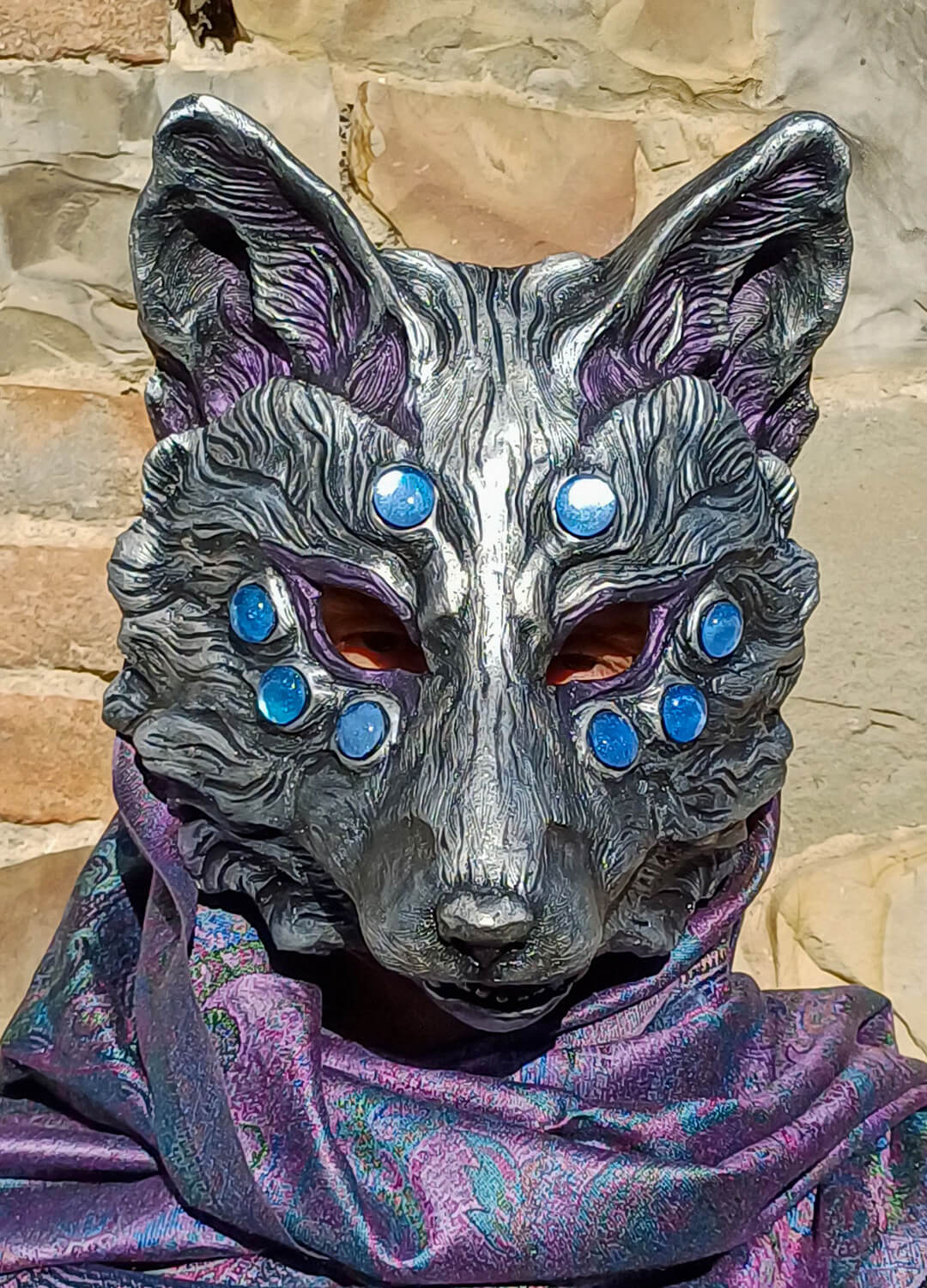 Huli Jing Silver Nogitsune Resin Mask - Ready to Ship