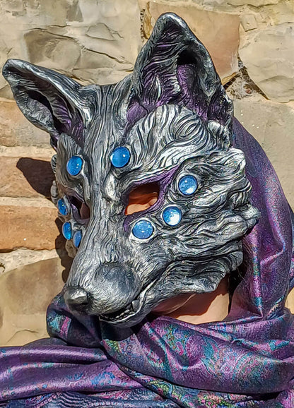 Huli Jing Silver Nogitsune Resin Mask - Ready to Ship