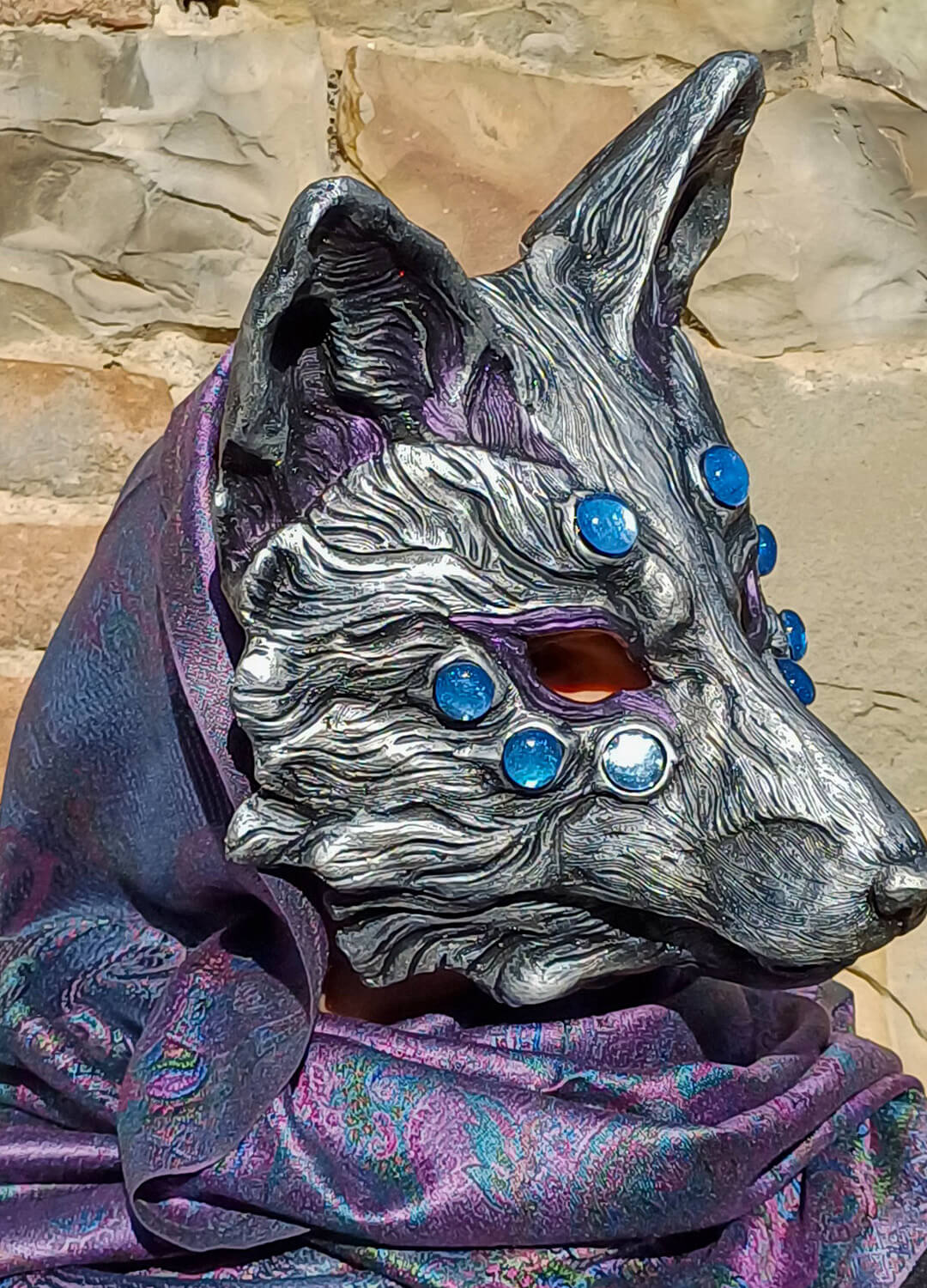 Huli Jing Silver Nogitsune Resin Mask - Ready to Ship