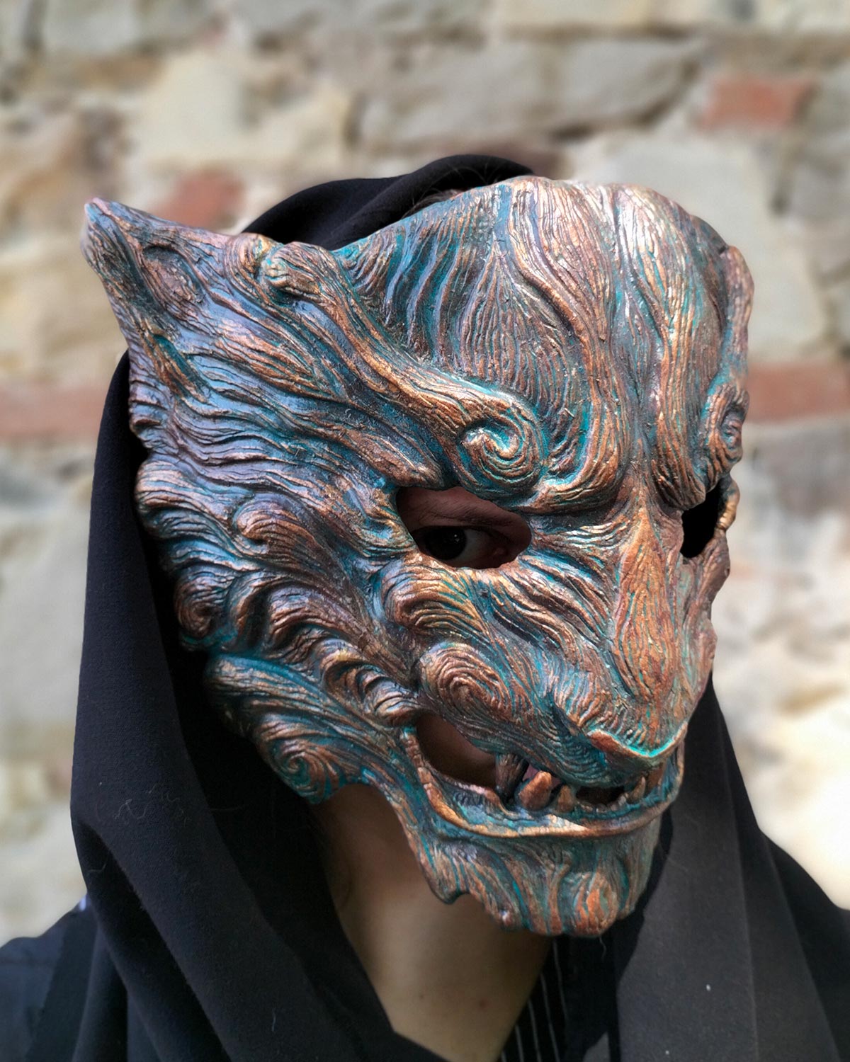 Right Side of handcrafted Oni mask with captivating oxidized colors